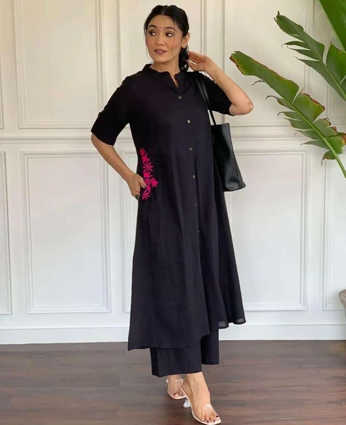 Women's Cotton Embroiderd Long A-Line Ku...