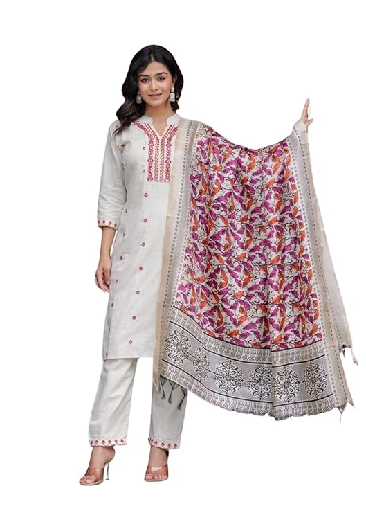 Women's Cotton Embroidered Straight Kurt...