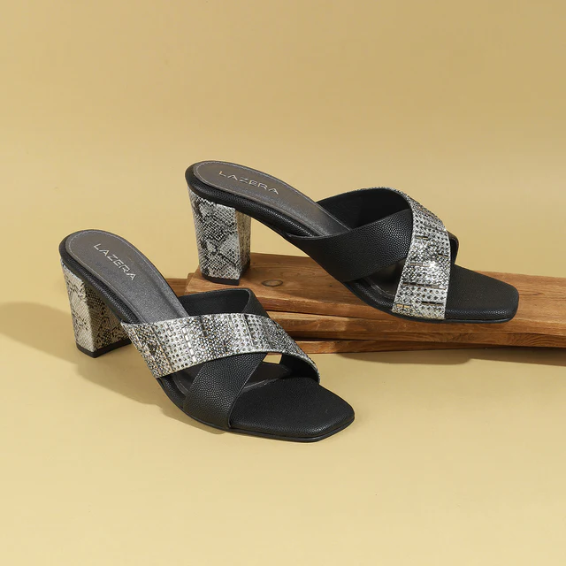 Black Cross-Strap Block Heel Sandals wit...
