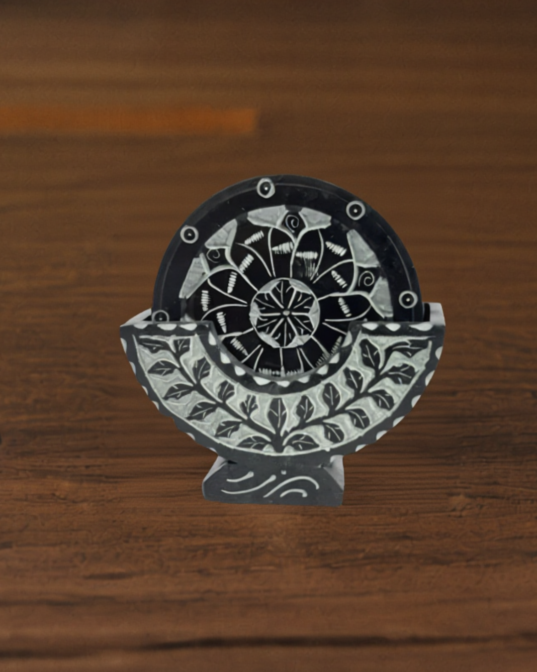Black Round Flower Engraved Marble Coast...