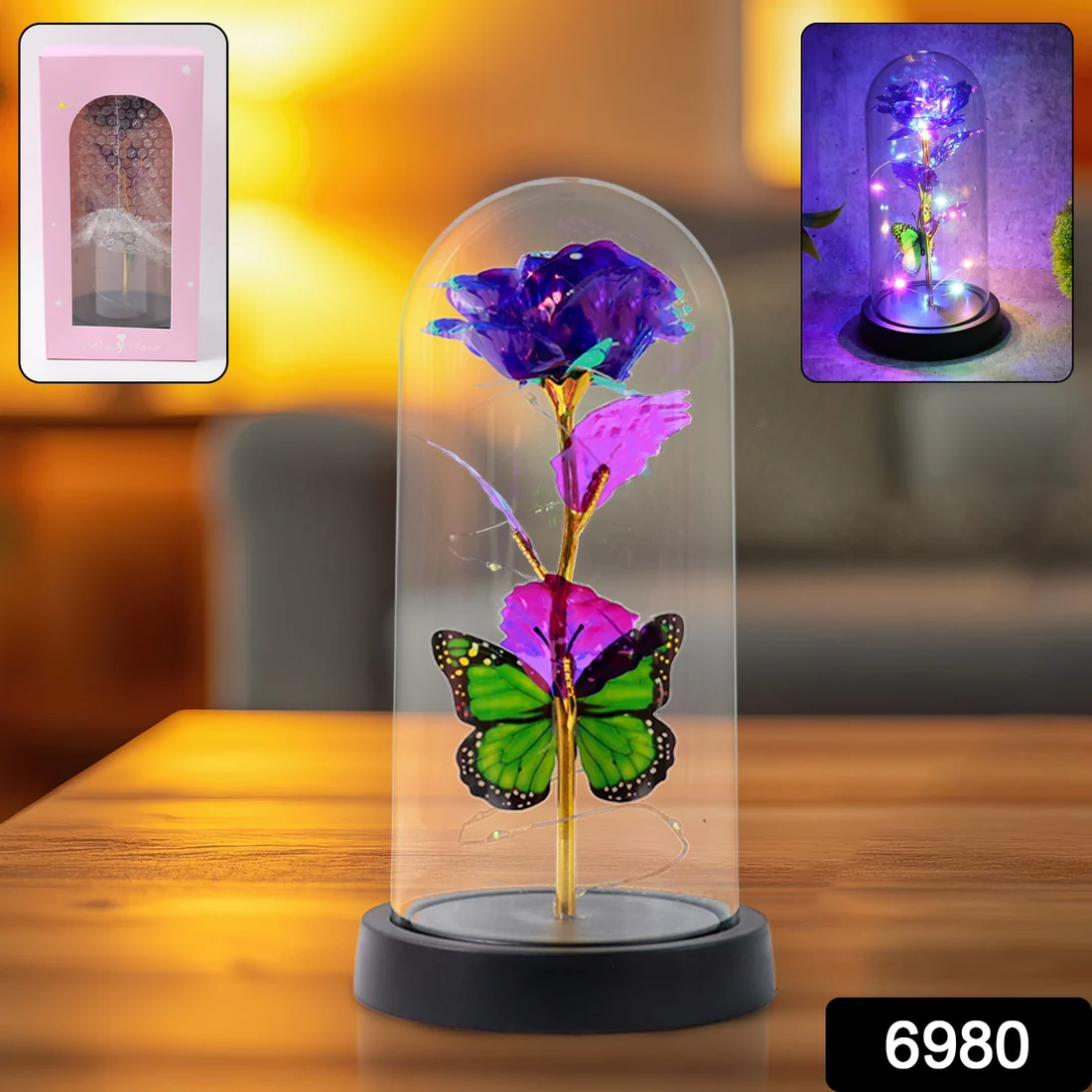 LED Preserved Rose with Colorful Butterf...