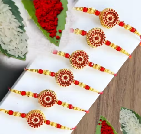 LIGHT FANCY RED GOLD RAKHI 6 PICE COMBO