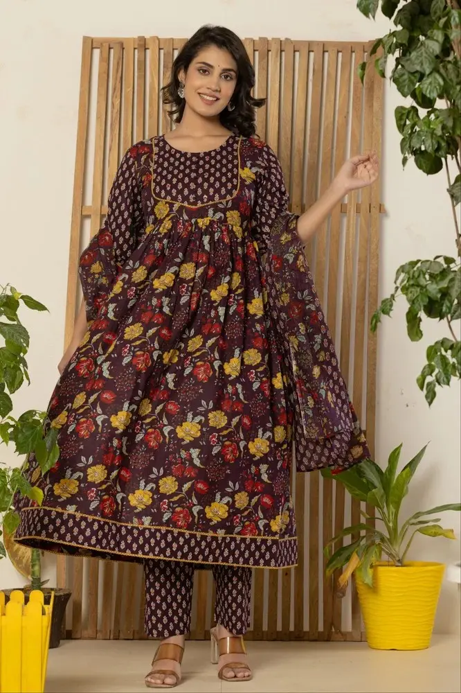 Wine Floral Print Anarkali Kurti pant se...