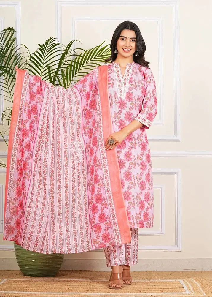 Pink Lining Kurti Pant Set with Dupatta
