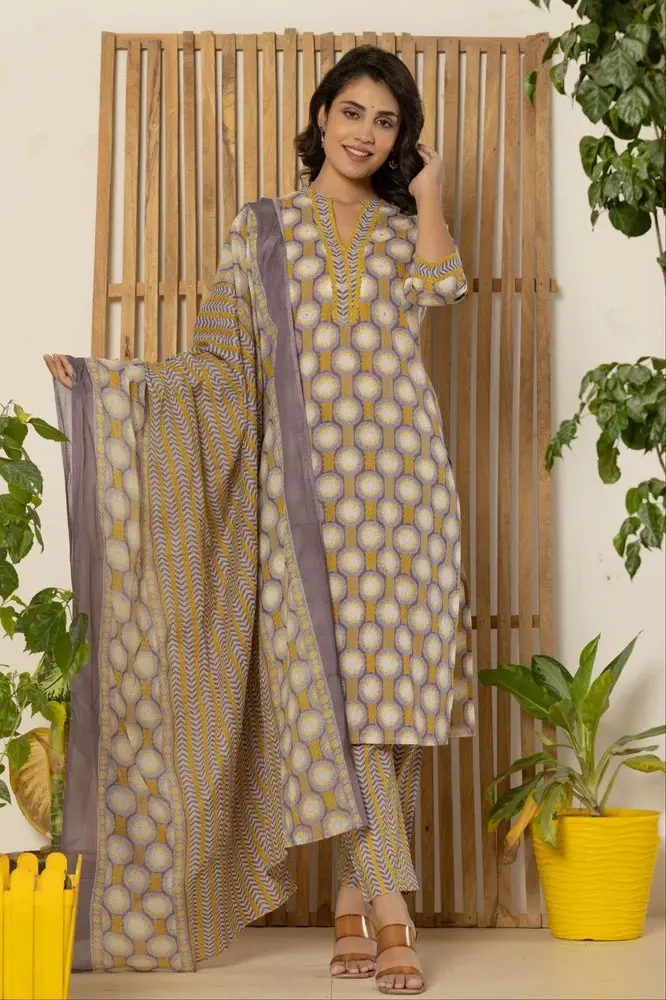 Mustard Yellow Kurti Pant Set With Dupat...