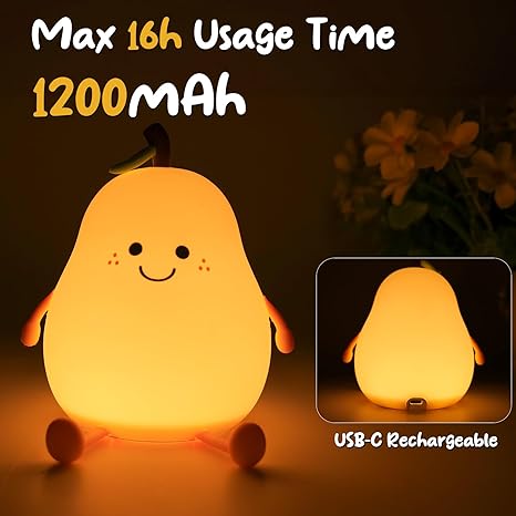 Night Light Pear Cute LED Nursery Nightlight Lamp, Tap Control Squishy Silicone, USB Rechargeable Bedside Lamp for Bedroom, Warm White & 7 Colors, Christmas Gift for Kids Girls Boys (Pear)