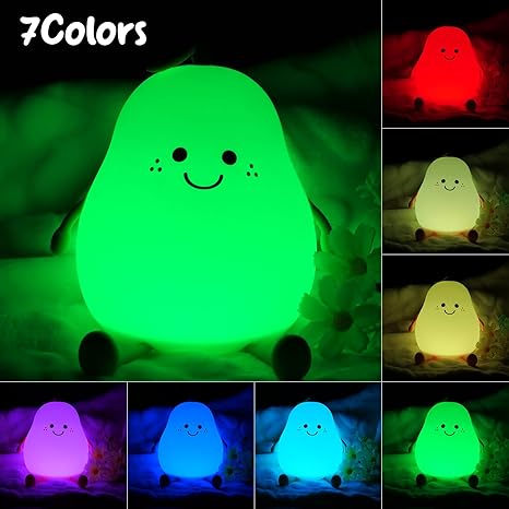 Night Light Pear Cute LED Nursery Nightlight Lamp, Tap Control Squishy Silicone, USB Rechargeable Bedside Lamp for Bedroom, Warm White & 7 Colors, Christmas Gift for Kids Girls Boys (Pear)