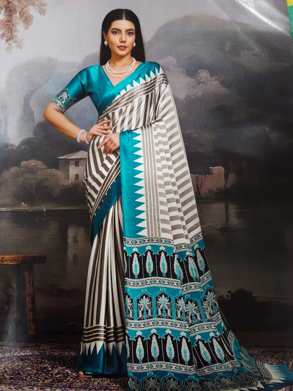 Pure Ajrakh Modal Silk Saree with BP | Handcrafted Blue & White Printed Saree with Designer Border