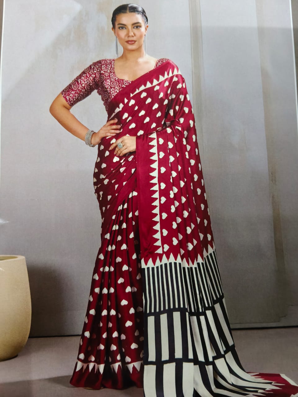 Pure Ajrakh Modal Silk Saree with BP | Handcrafted Red & White Printed Saree with Designer Border