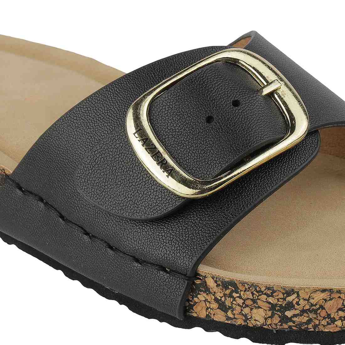 Women’s Comfort Cork Slides | Adjustable Slip-On Sandals with Gold Buckle Accent