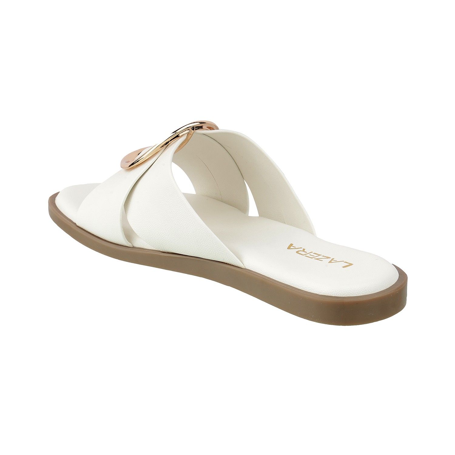 Women’s Soft Flat Sandals | Slip-On Mules with Broad Cross Strap & Gold Buckle