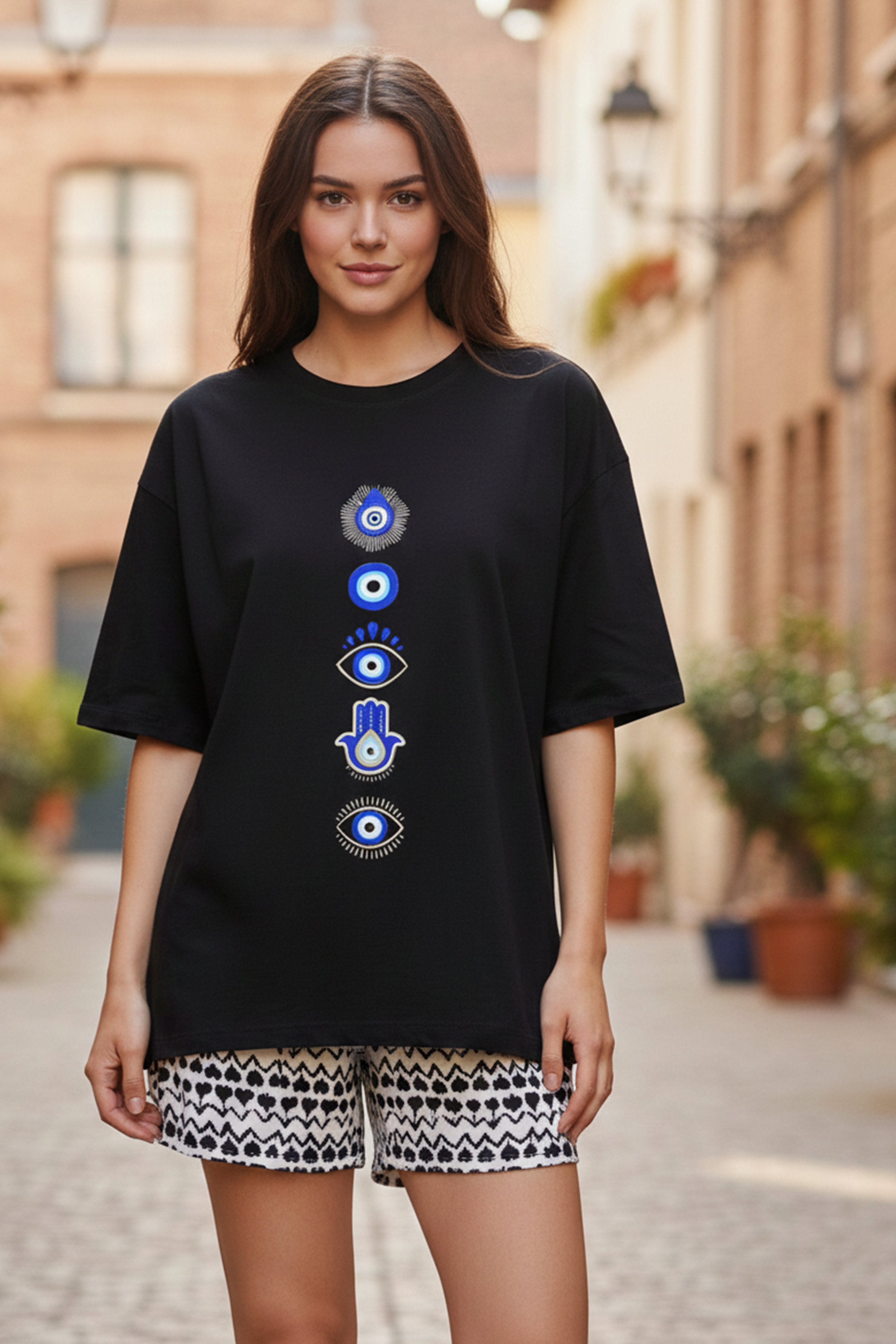 EVIL EYE GRAPHIC PRINTED OVERSIZE T-SHIR...