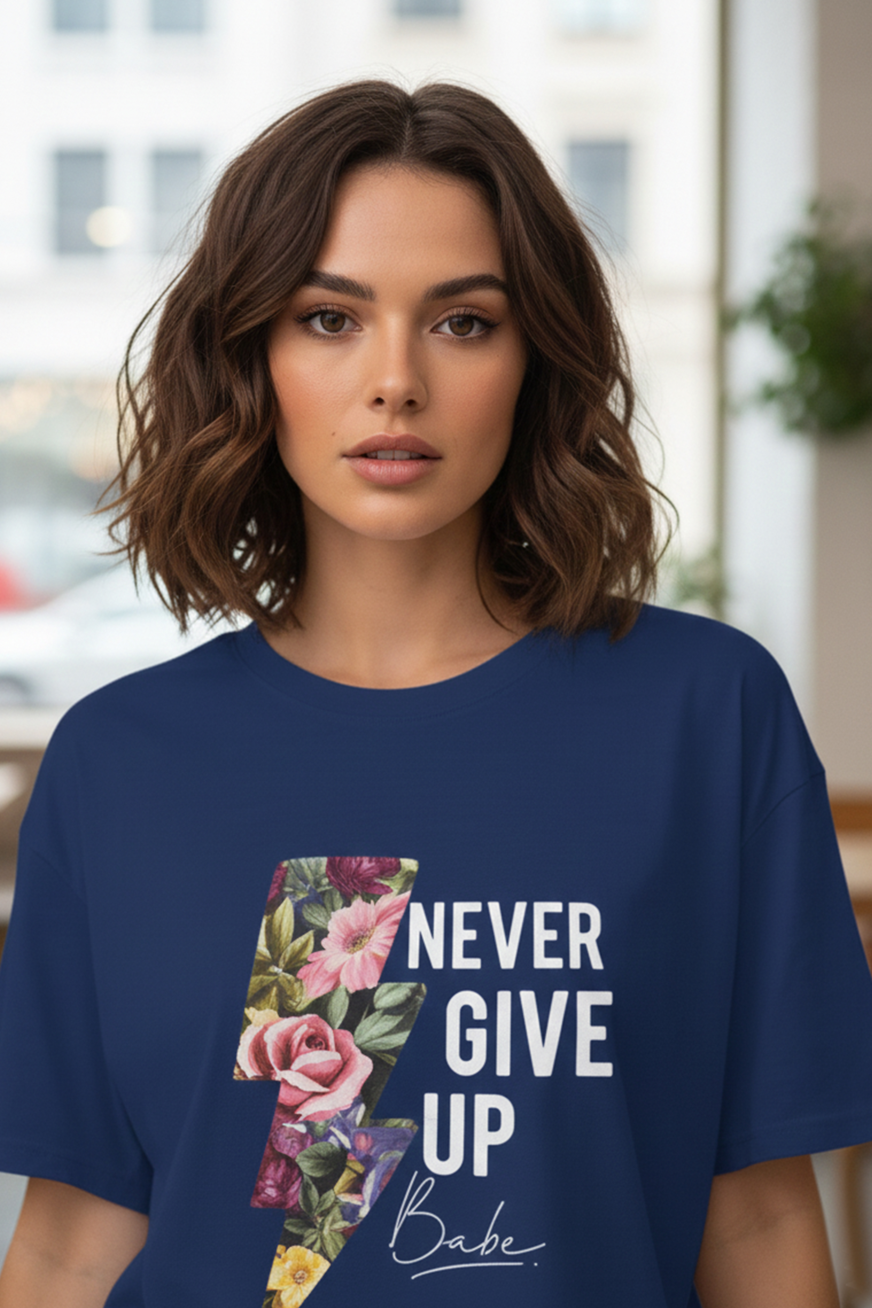 NEVER GIVE UP GRAPHIC PRINTED OVERSIZED T-SHIRT