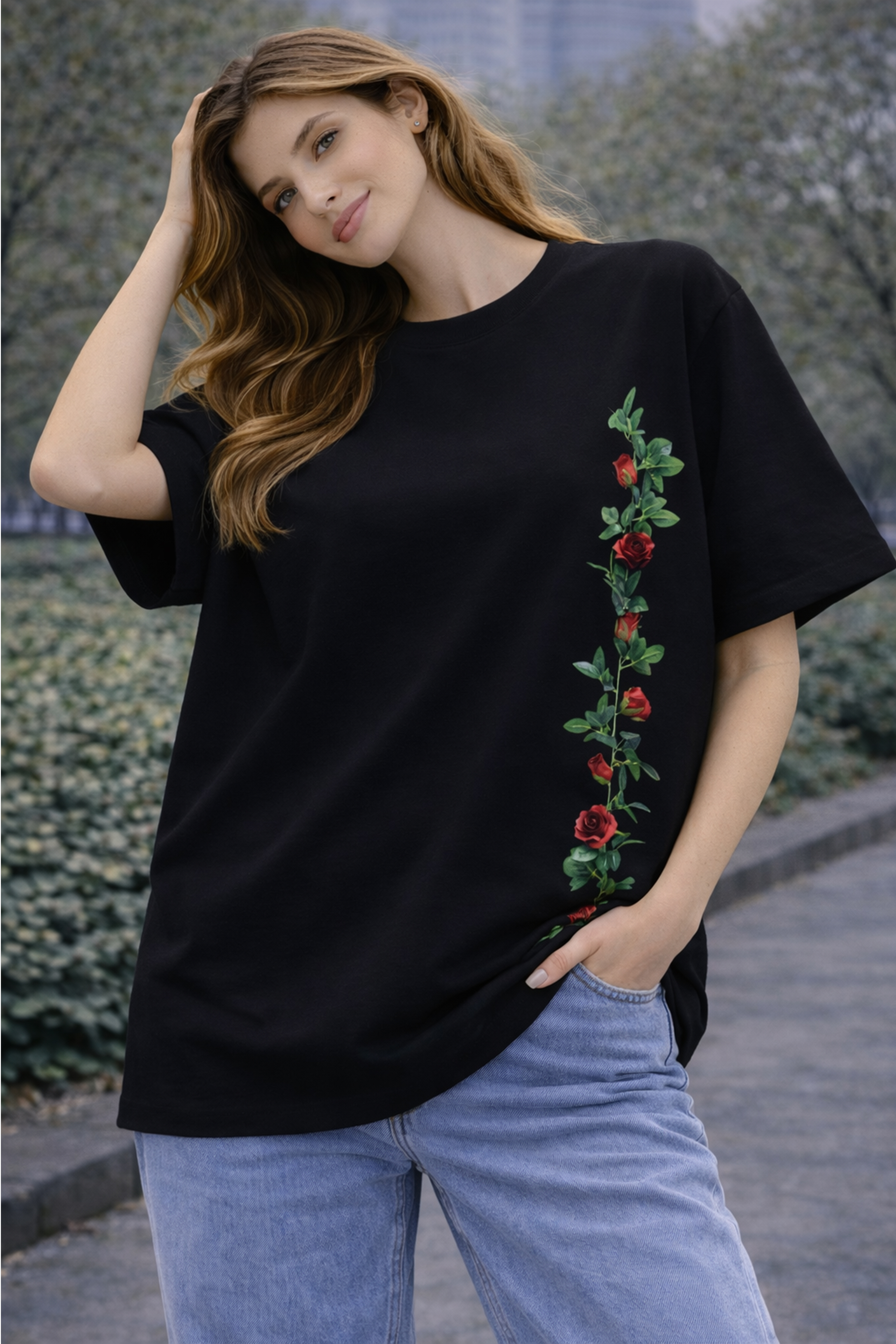 FLOWER GRAPHIC PRINTED OVERSIZED T-SHIRT