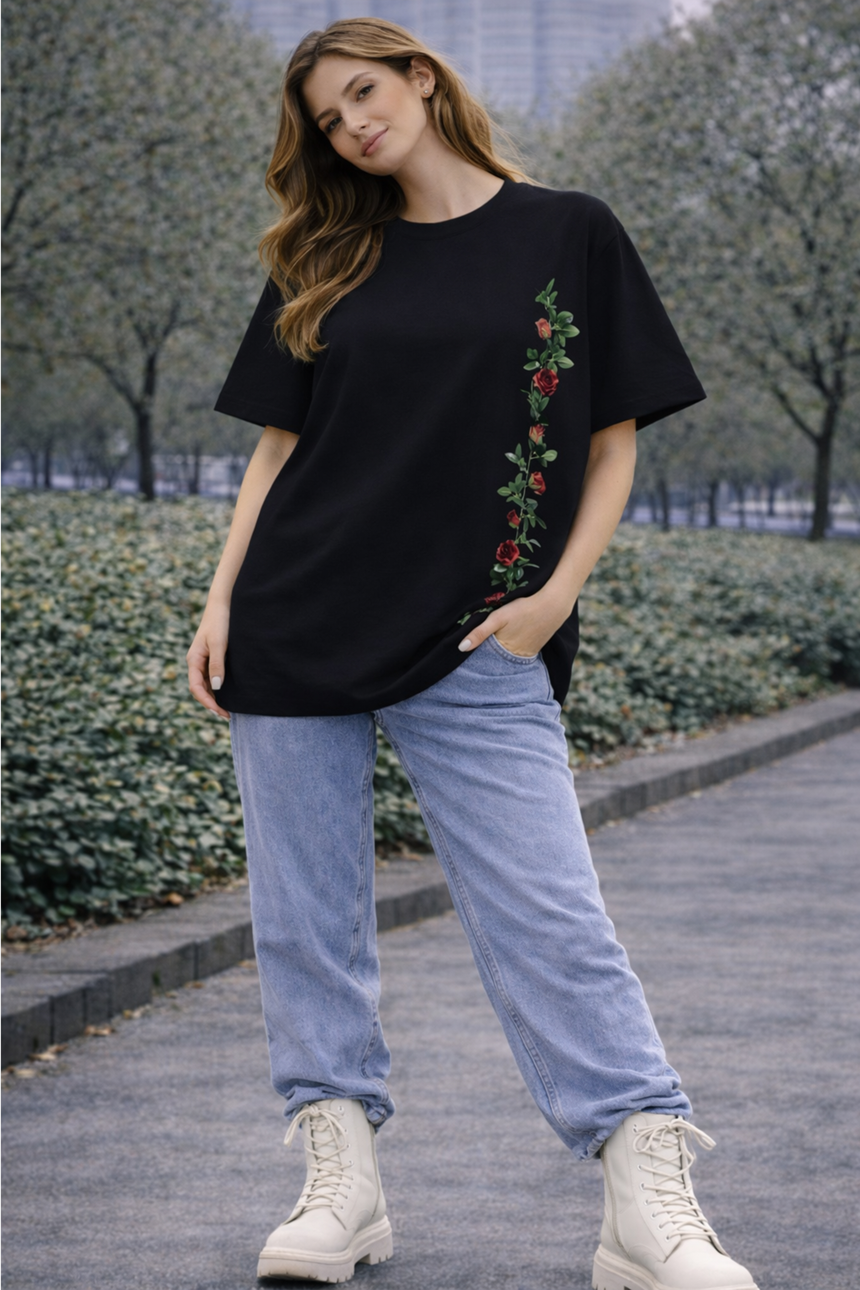 FLOWER GRAPHIC PRINTED OVERSIZED T-SHIRT