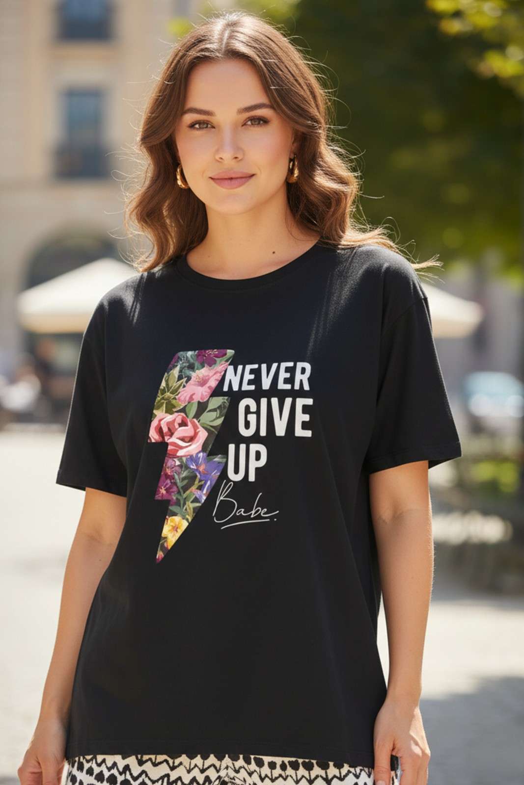 NEVER GIVE UP GRAPHIC PRINTED OVERSIZED...