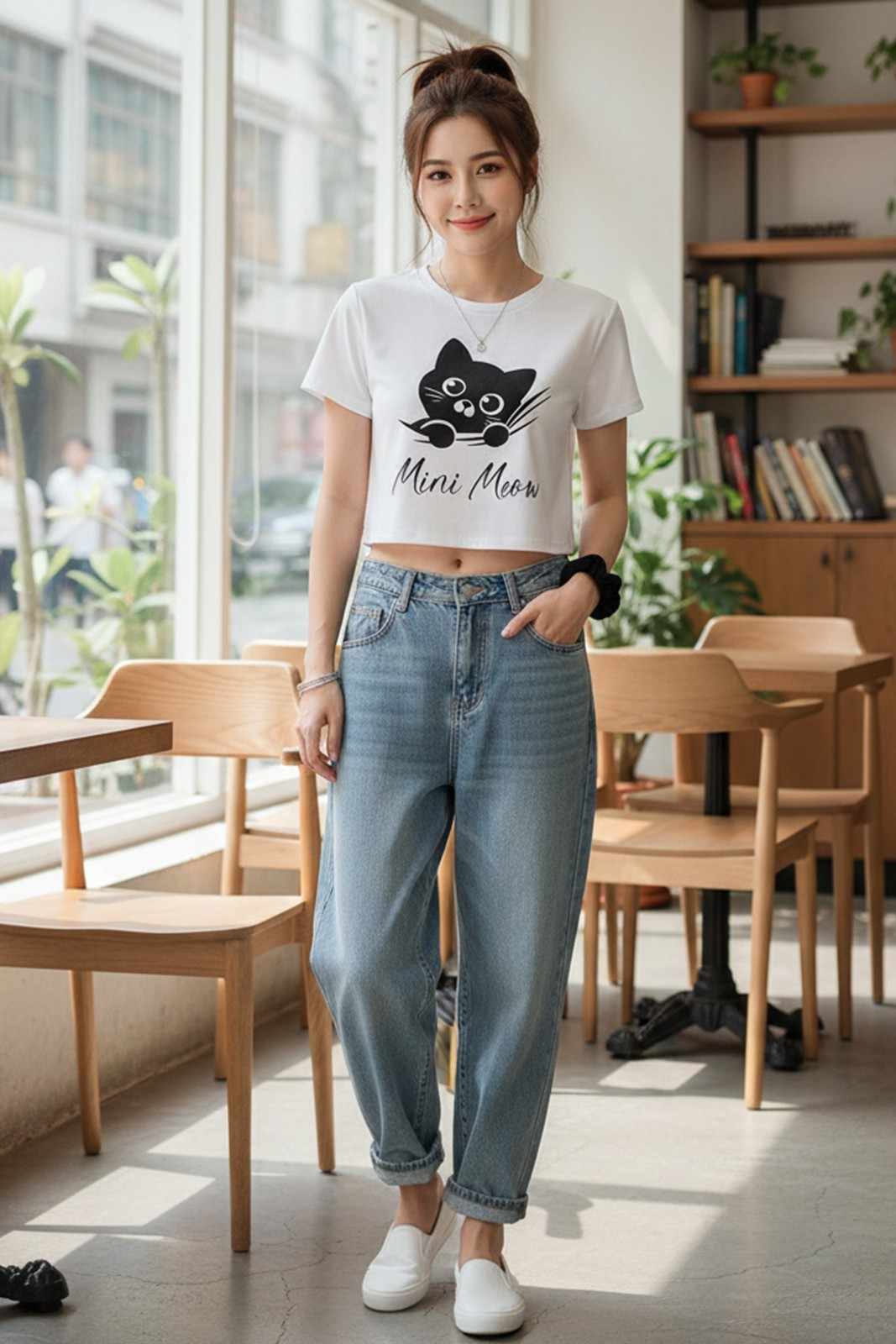 CAT GRAPHIC PRINTED CROP TEE