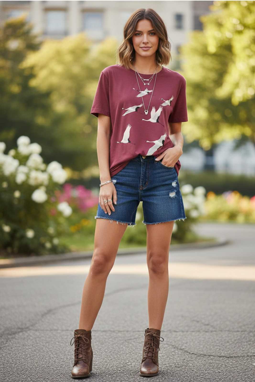 FLYING CRANES GRAPHIC PRINT TEE