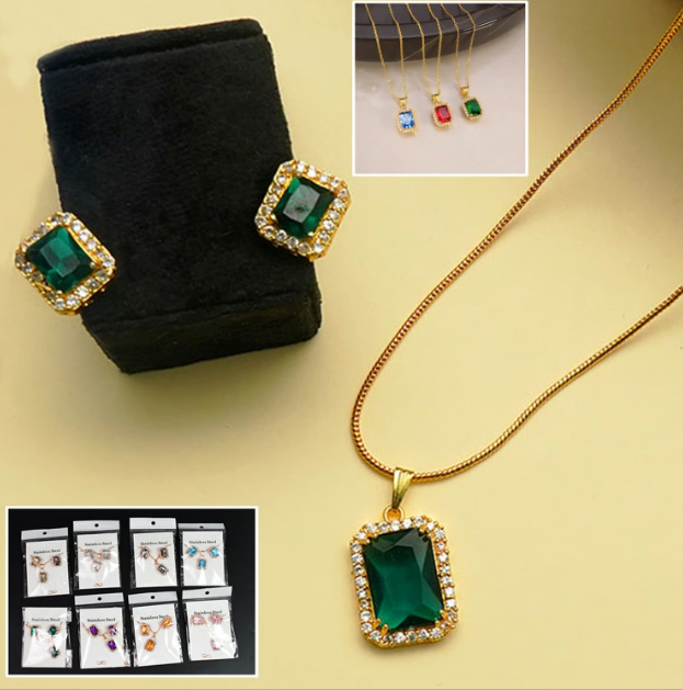 Stone Pendant Necklace Chain Set with Matching Earrings