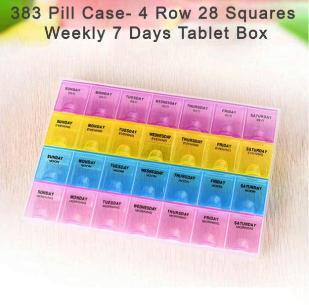 Weekly 7-Day Pill Organizer Box – 4 Row, 28 Compartments Tablet Case