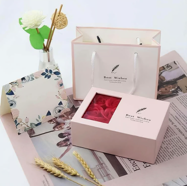 Jewellery Gift Box with Lid & Rose Packaging Box with 6 Artificial Roses (1 Set)