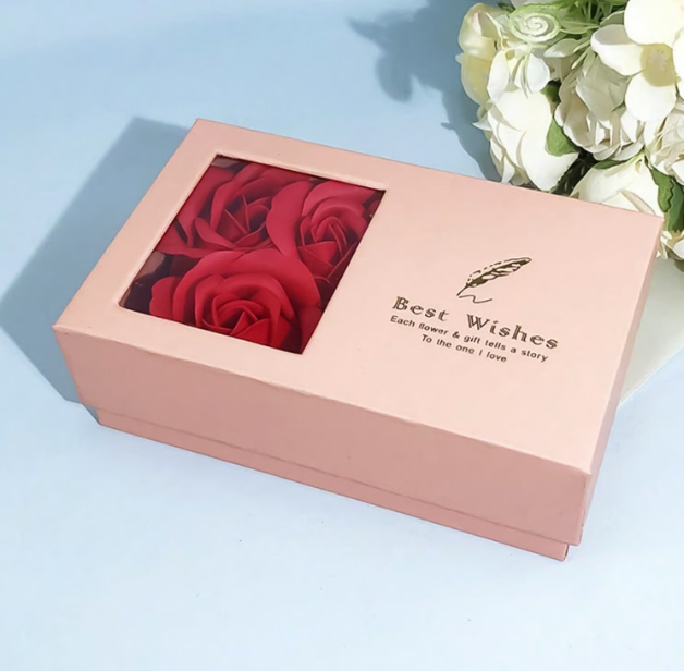 Jewellery Gift Box with Lid & Rose Packaging Box with 6 Artificial Roses (1 Set)