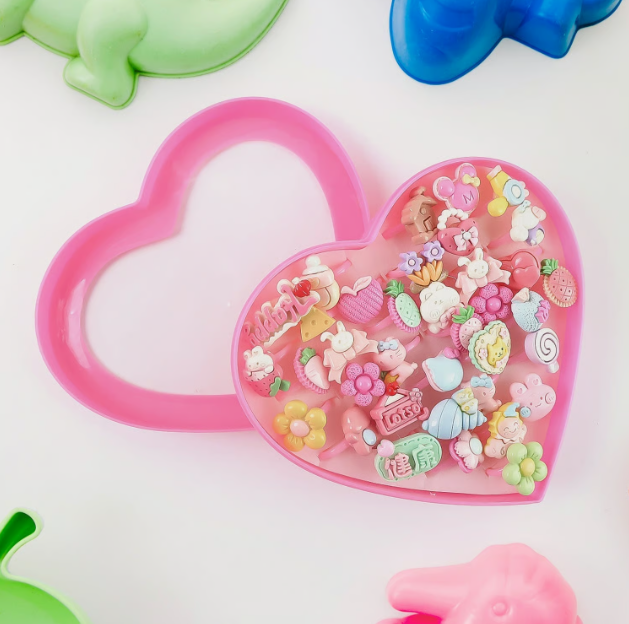 Adorable Kids Decorative Rings Set with Heart-Shaped Storage Box