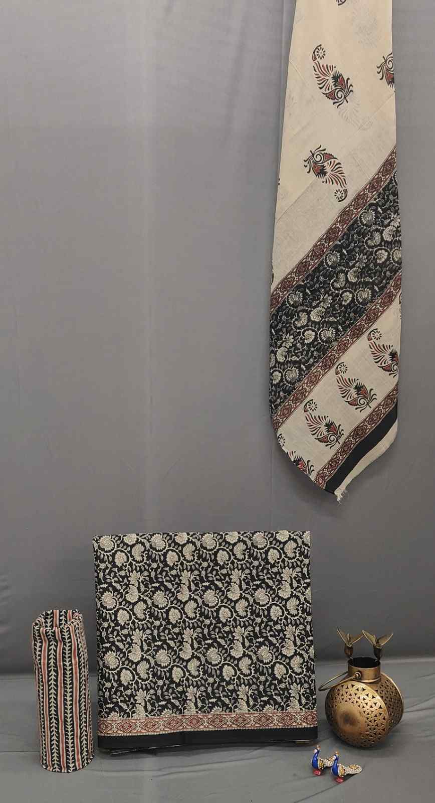 Black & Beige Hand Block Print Unstitche...