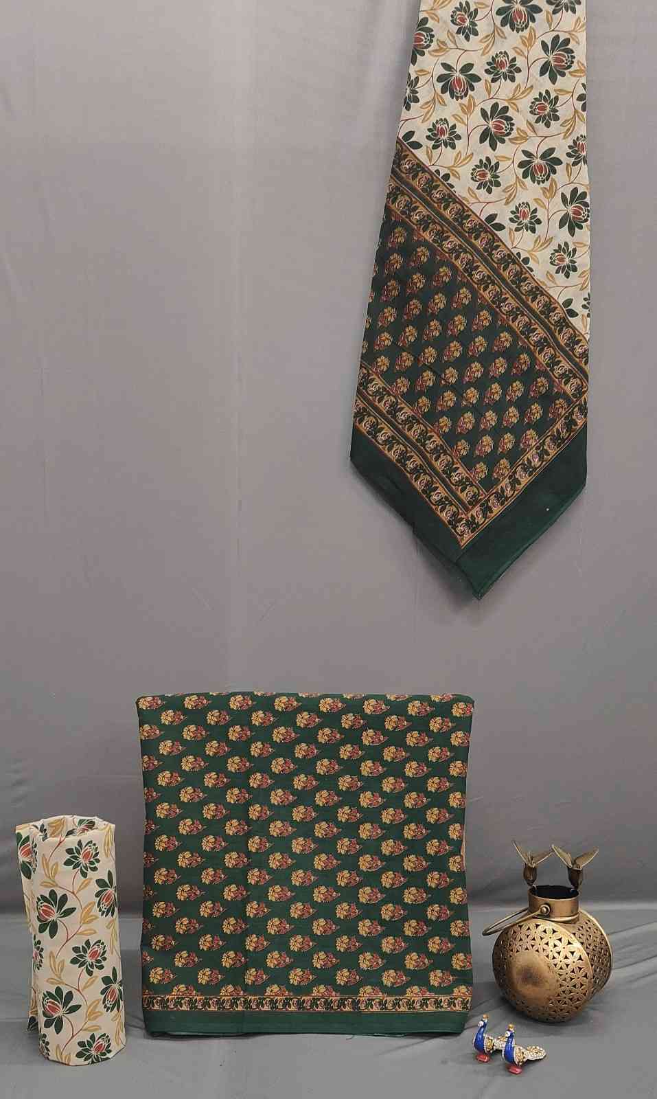 Deep Green Block Print Cotton Unstitched Suit