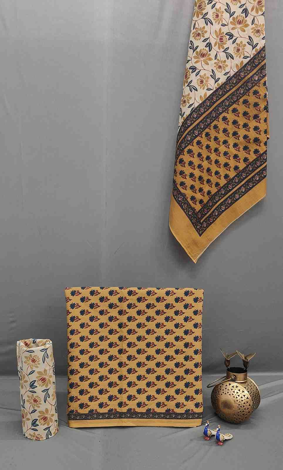 Mustard Beige Cotton Block Print Suit with Duppatta