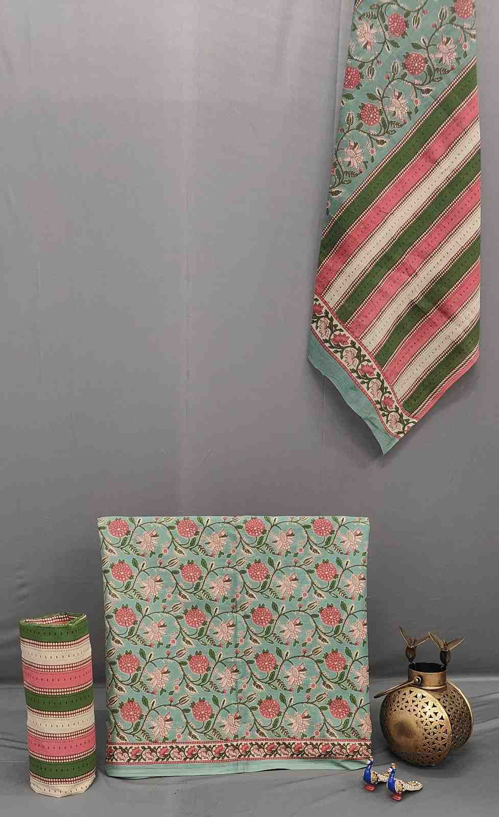 Mint Green Floral Cotton Unstitched Suit with Dupatta