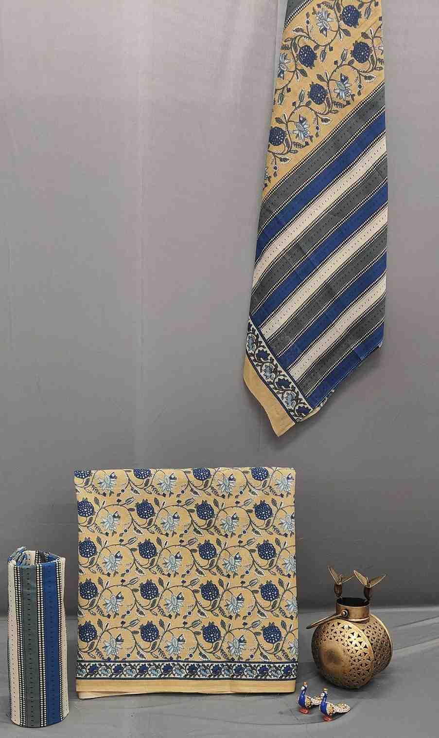 Beige Indigo Block Print Cotton Suit Set...