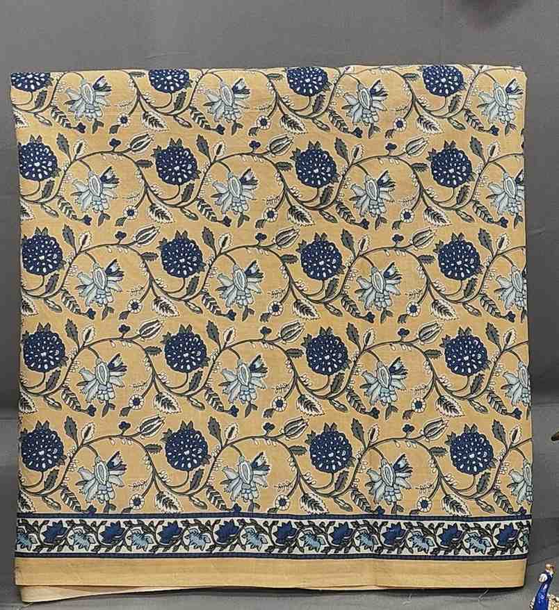 Beige Indigo Block Print Cotton Suit Set Unstitched