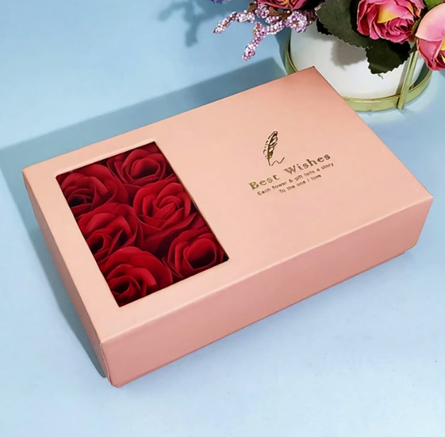 Jewellery Gift Box with Lid & Rose Packaging Box with 6 Artificial Roses (1 Set)