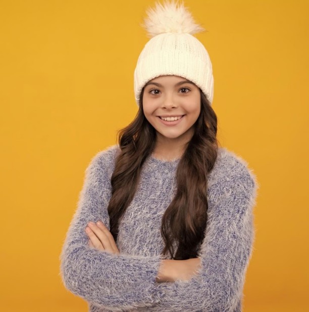 Heart Print Knit Beanie with Pom-Pom