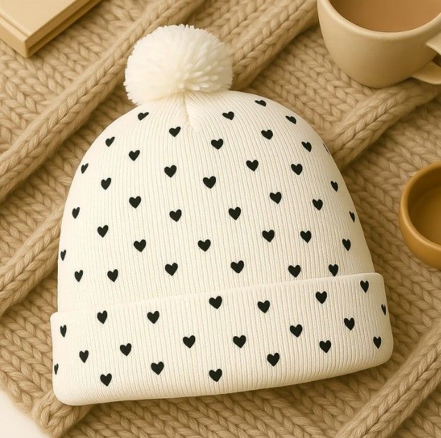 Heart Print Knit Beanie with Pom-Pom
