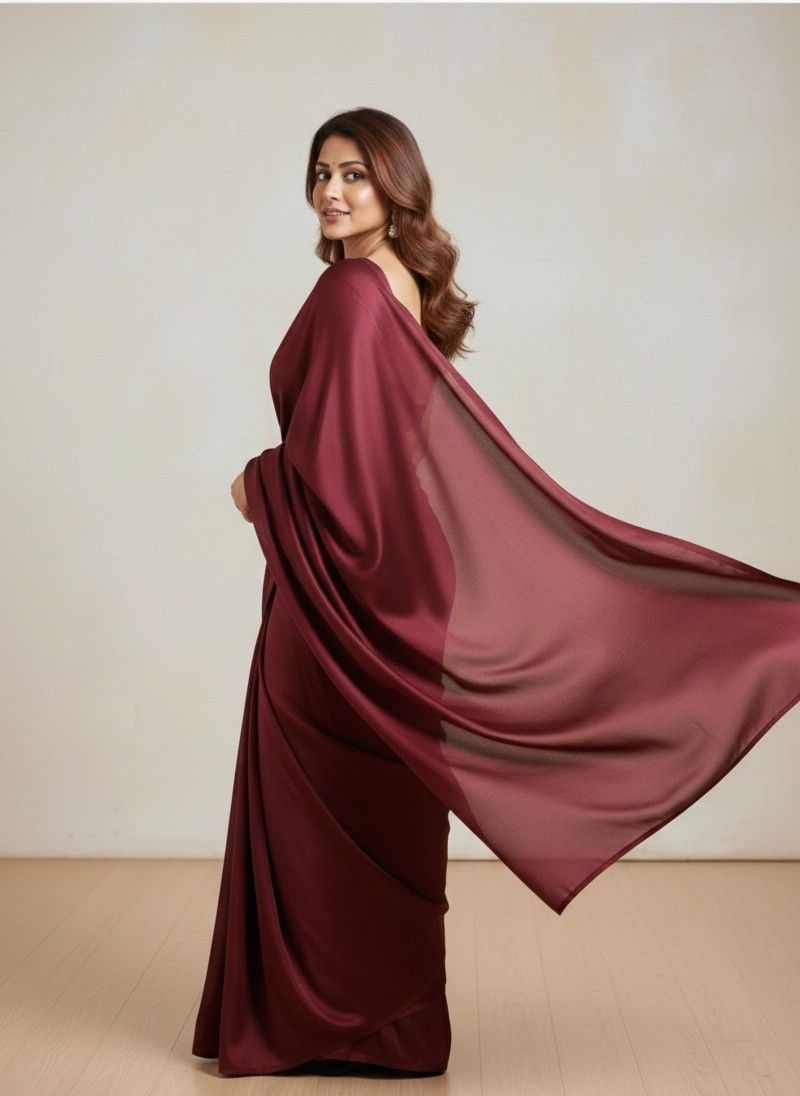 Pure Plain Satin Silk Saree with Matching Blouse Piece