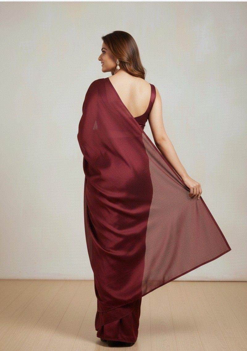 Pure Plain Satin Silk Saree with Matching Blouse Piece