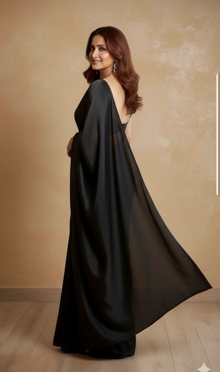 Pure Plain Satin Silk Saree with Matching Blouse Piece