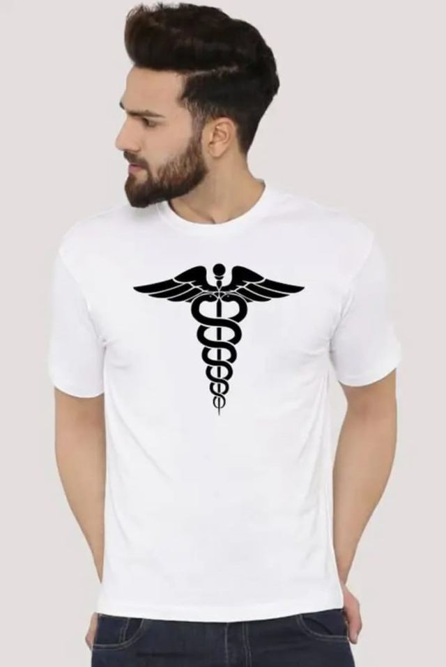 Men’s White Medical Symbol Graphic Printed T-Shirt – Caduceus Design Cotton Casual Round Neck Tee